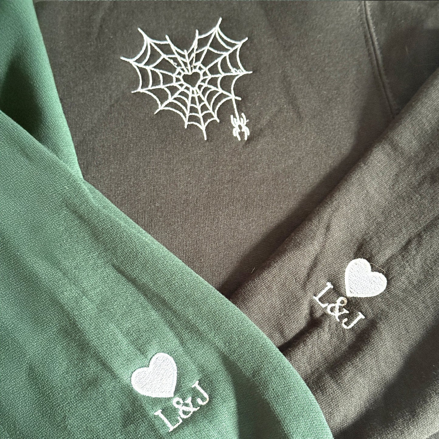 Embroidered Spider Web Heart Couple Hoodie - Honey Bun