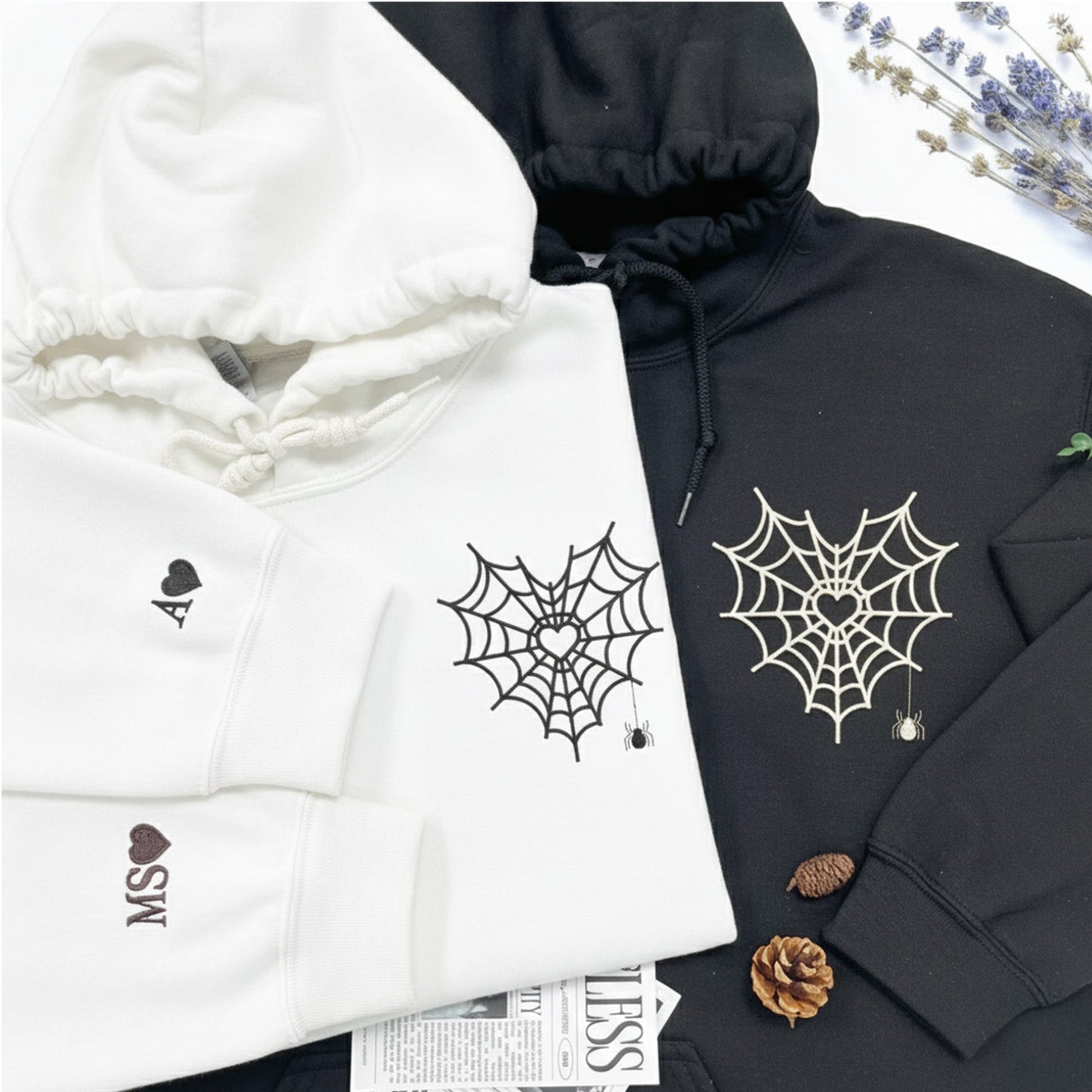 Embroidered Spider Web Heart Couple Hoodie - Honey Bun