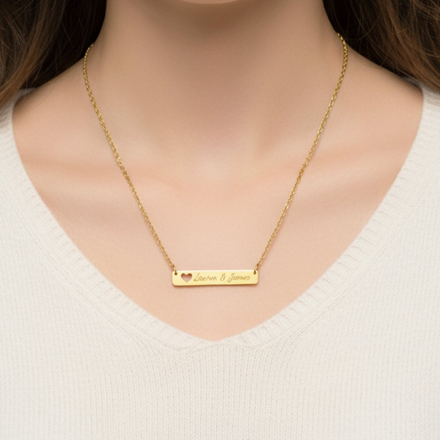 Personalized Gold Bar Necklace with Heart Cutout - Honey Bun