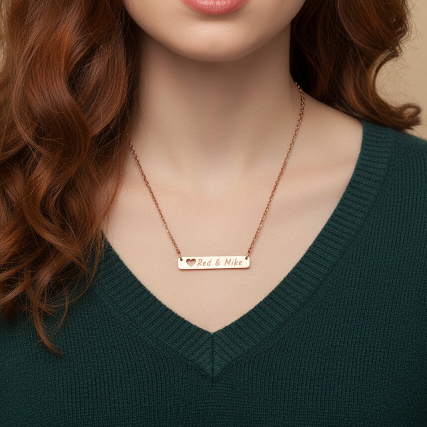 Personalized Rose Gold Bar Necklace with Heart Cutout - Honey Bun