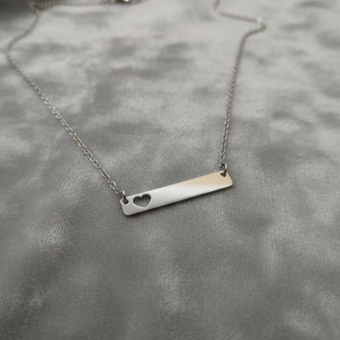 Personalized Silver Bar Necklace with Heart Cutout - Honey Bun