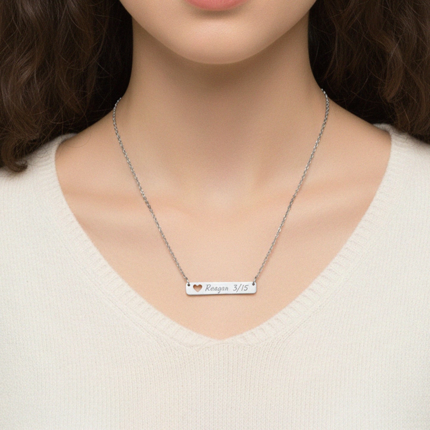 Personalized Silver Bar Necklace with Heart Cutout - Honey Bun