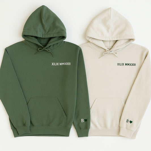 Custom Roman Numeral Embroidered Couples Hoodie - Honey Bun