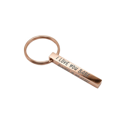Custom Rose Gold Rectangle Keychain – 1.5" Bar with Keyring, 4 - Sided Engraving - Honey Bun