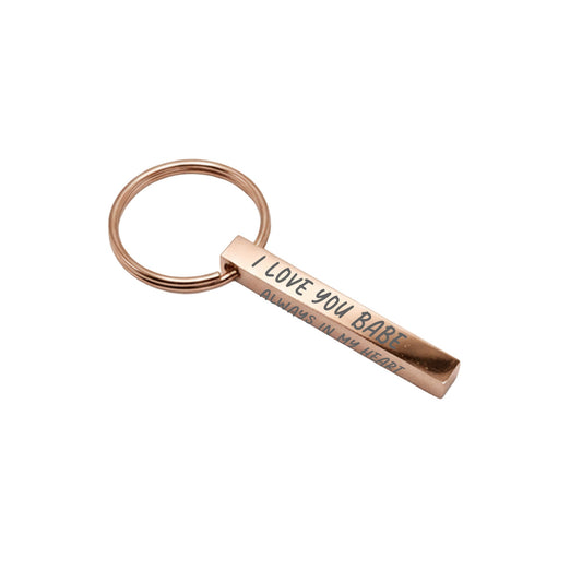 Custom Rose Gold Rectangle Keychain – 1.5" Bar with Keyring, 4 - Sided Engraving - Honey Bun