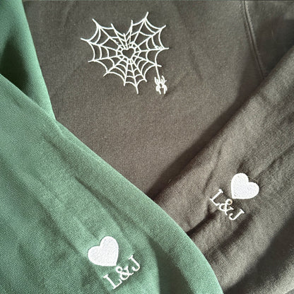 Embroidered Spider Web Heart Couple Hoodie - Honey Bun