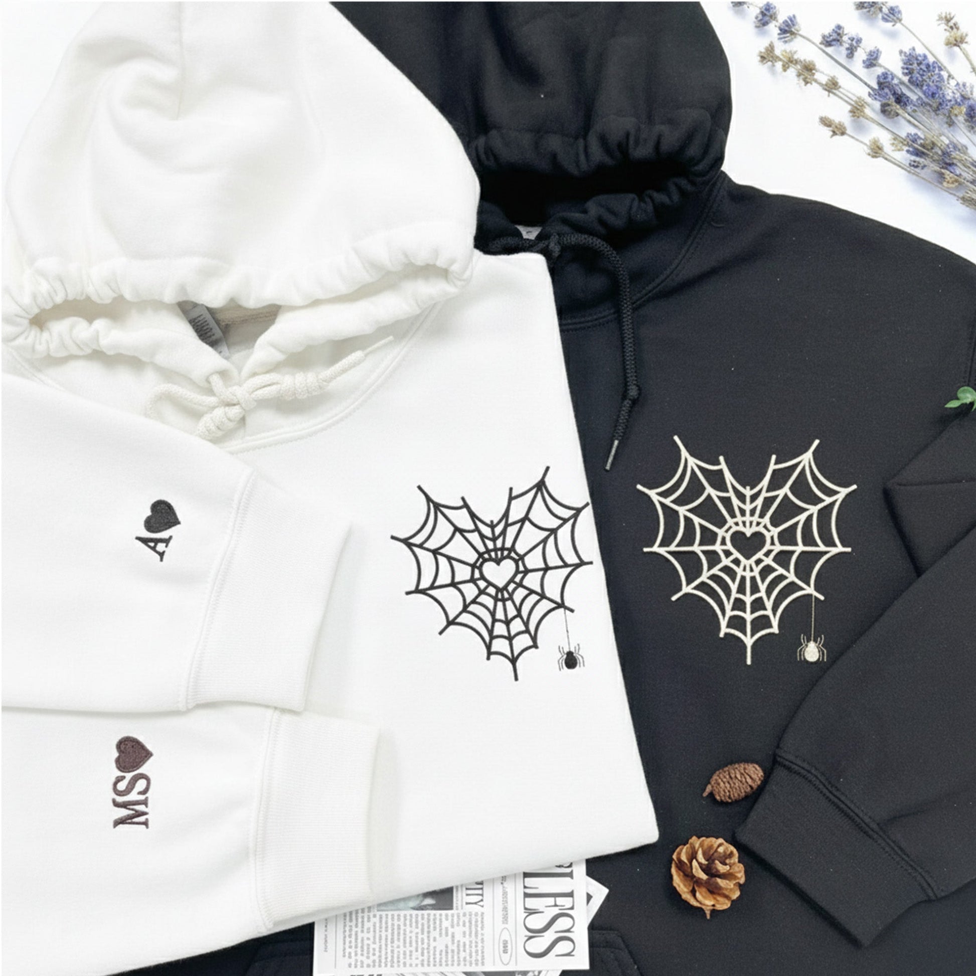 Embroidered Spider Web Heart Couple Hoodie - Honey Bun
