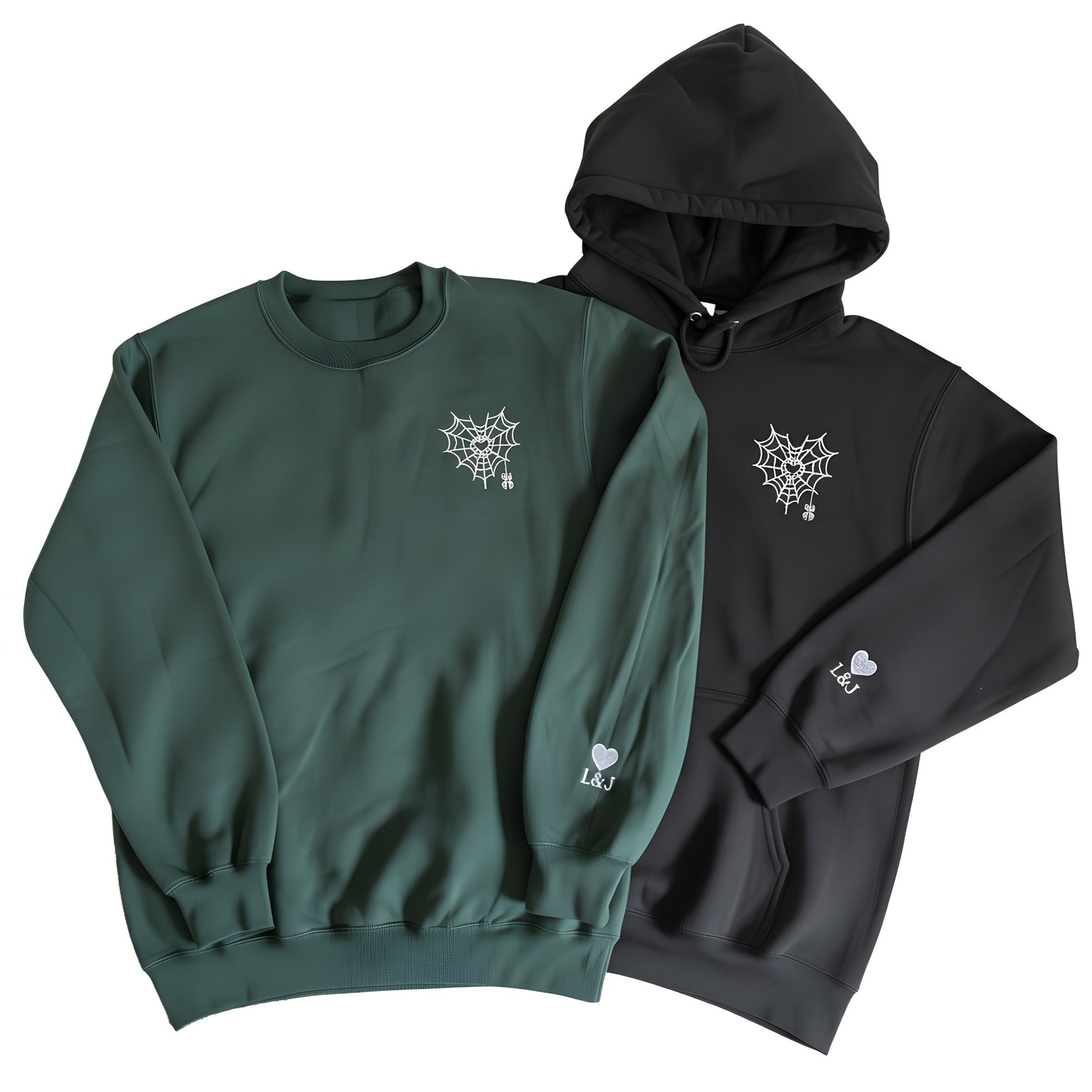 Embroidered Spider Web Heart Couple Hoodie - Honey Bun