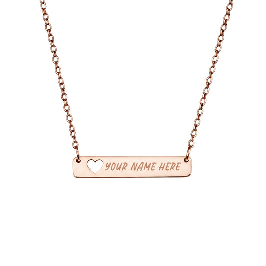 Personalized Rose Gold Bar Necklace with Heart Cutout - Honey Bun