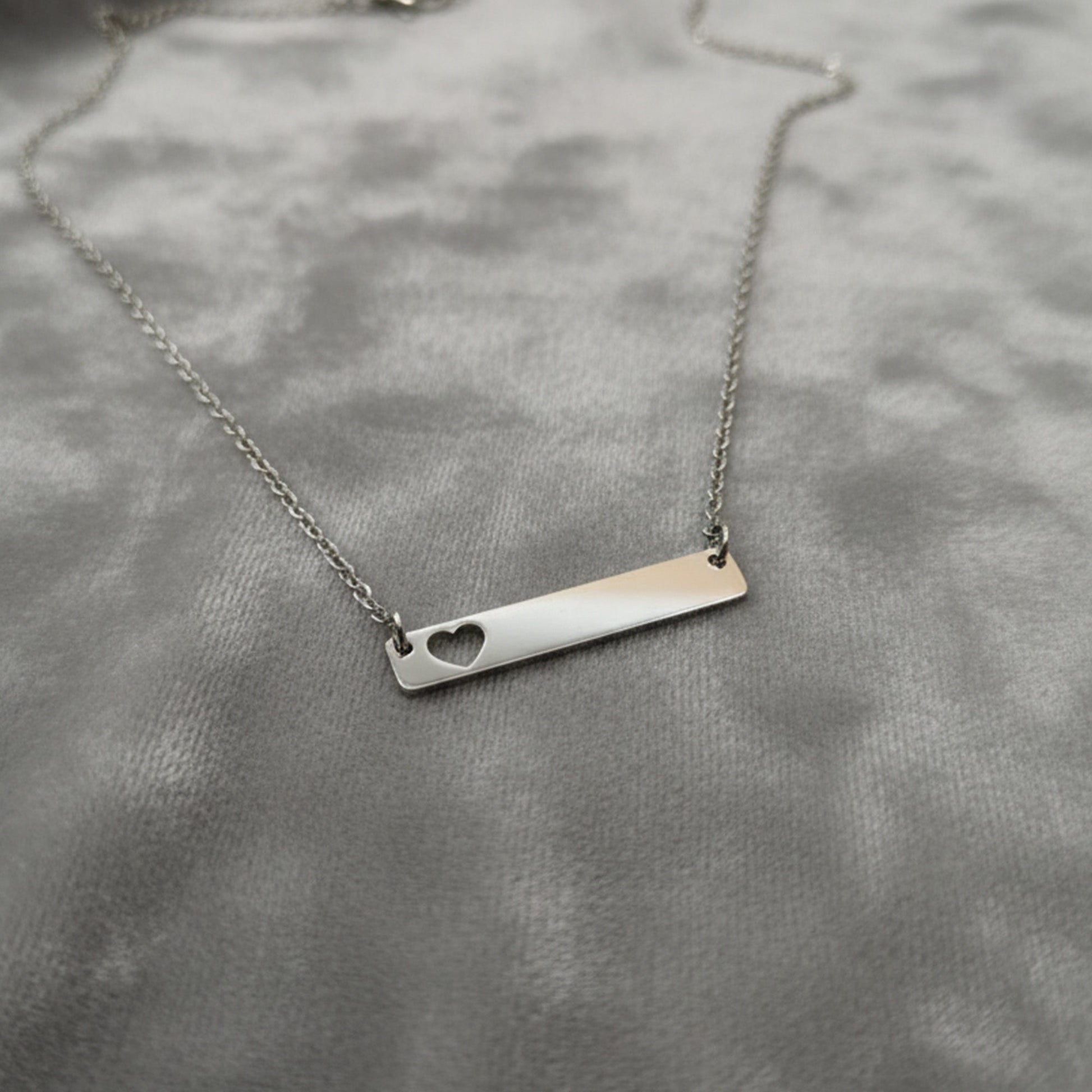 Personalized Silver Bar Necklace with Heart Cutout - Honey Bun