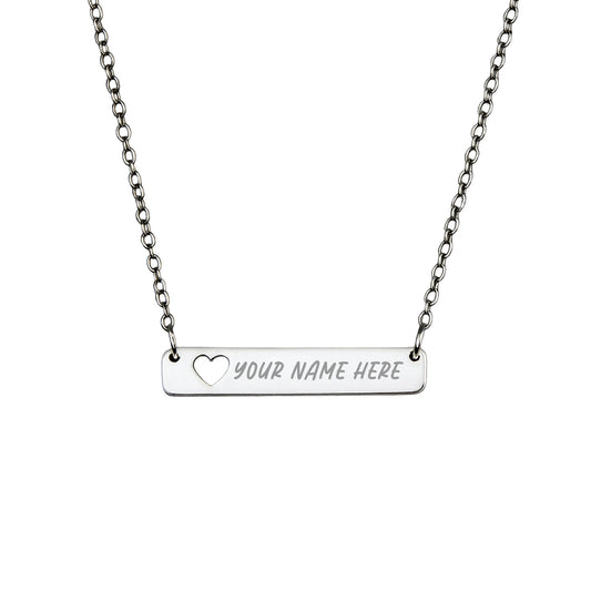 Personalized Silver Bar Necklace with Heart Cutout - Honey Bun